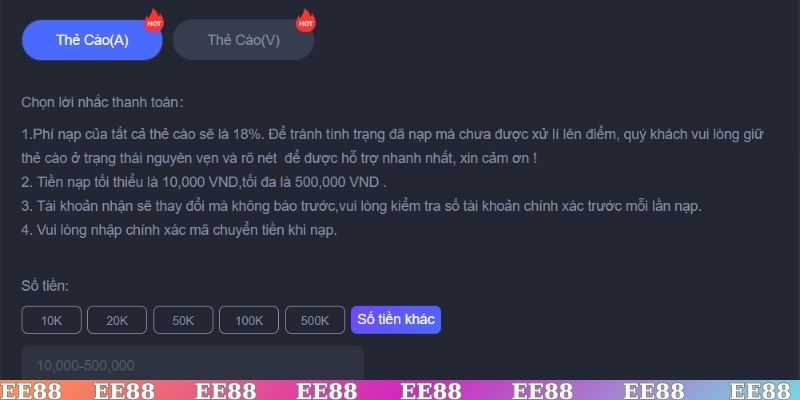 Hướng dẫn nạp tiền EE88 bằng thẻ cào Mobi, Vina, Viettel, Vietnamobile